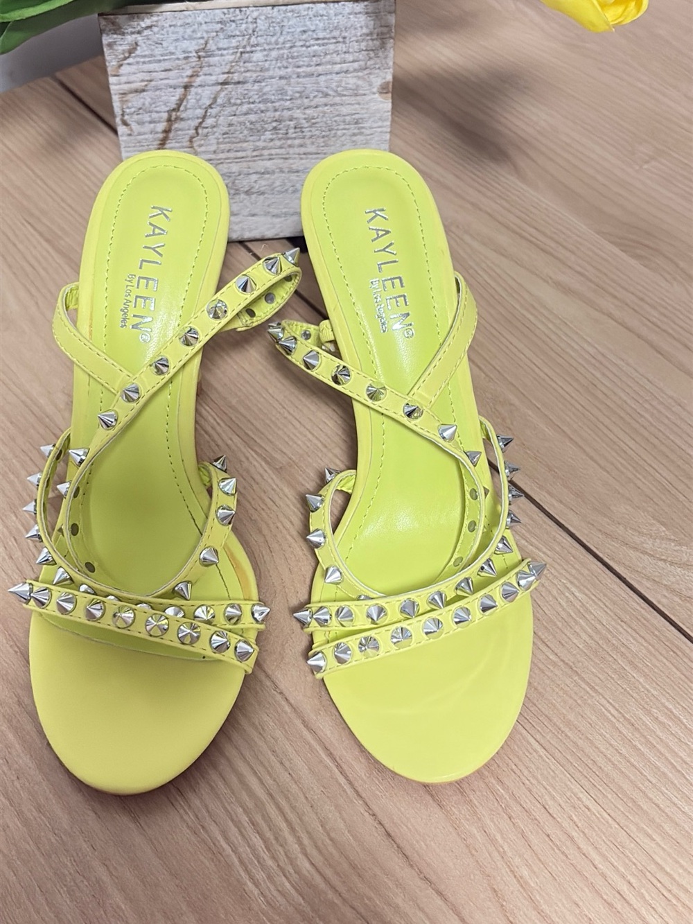 KAYLEEN By Los Angeles Neon Yellow Studded Heeled Sandals💛